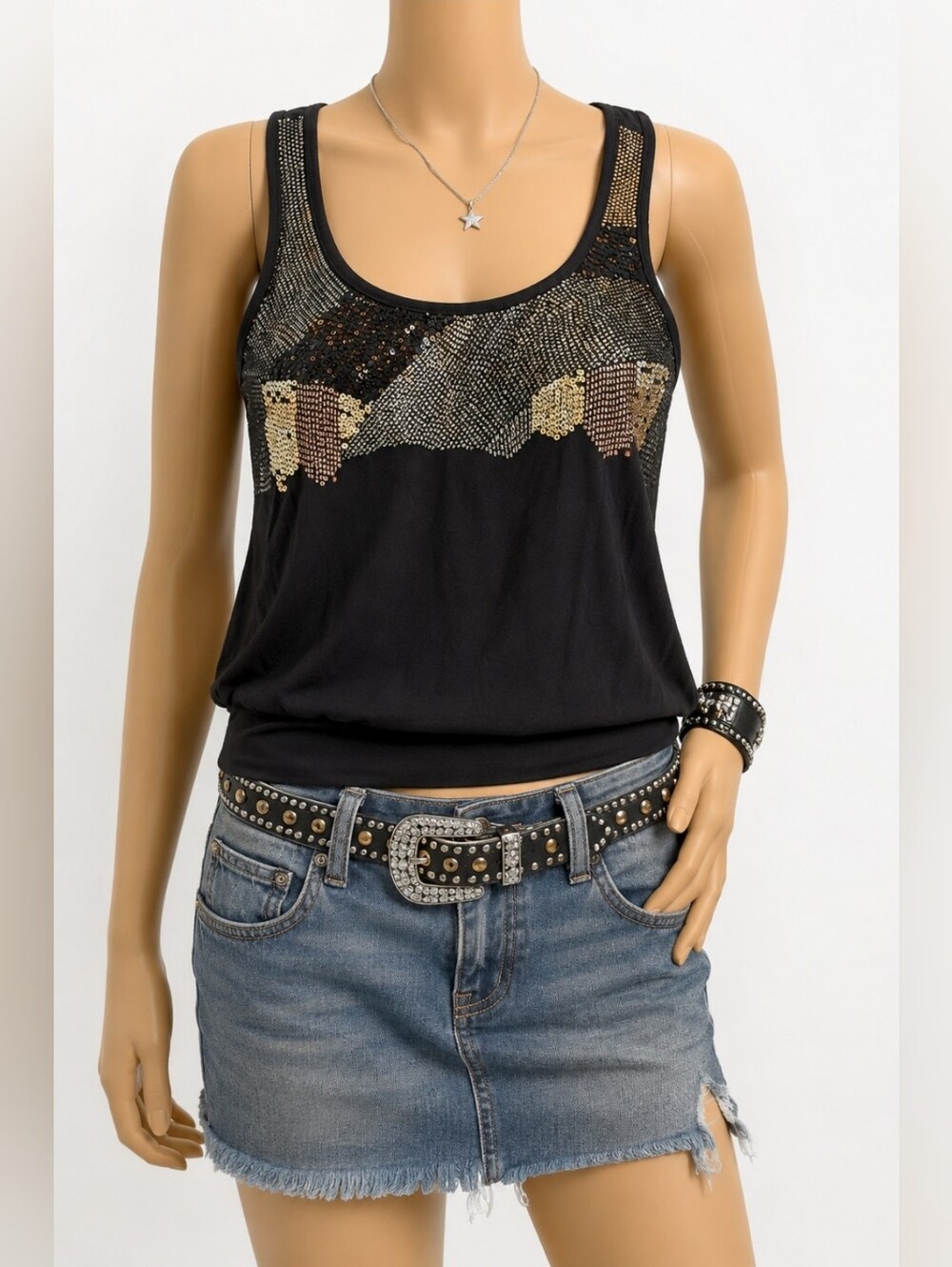 Personal Identity Y2K Black Sequin Beaded Bubble Hem Tank Top Scoop Neck